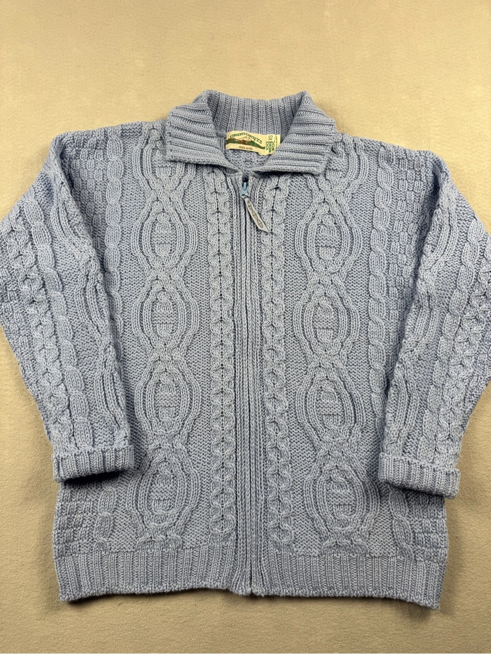 Aran Crafts Ireland Womens XS Merino Wool Cable Knit Zip Celtic Sweater Lt Blue